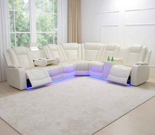 Power Recliner Sofa Sectional Couches with LED Light,Leather Reclining Corner Sectional Sofa with 2 Recliner Seats,Cup Holders,Storage Console for Living Room，Creamy