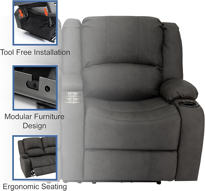 RecPro Charles 64" Powered Recliner RV Sofa with Console and Cupholders | Zero Wall Loveseat for Camper | Wall Hugger Couch with 2023 Updated Fabric (Gunmetal)