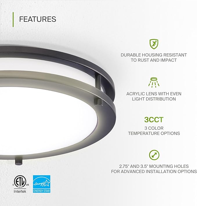 ASD LED 18" Round Flush Mount Lighting, Close to Ceiling Light Fixture | 3CCT, Dimmable, Energy Star, ETL Listed | 28W 2230LM 3000-5000K 120V | Low Profile Double Ring Lamp | Dark Bronze, 2 Pack