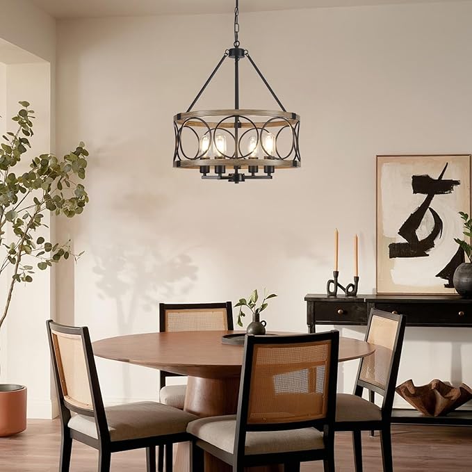 4-Light Farmhouse Chandelier, Rustic Faux Wood Chandeliers Dining Room Light Fixture, Round Pendant Light, Hanging Kitchen Island Light for Living Room, Entryway, Foyer-Black & Wood Grain