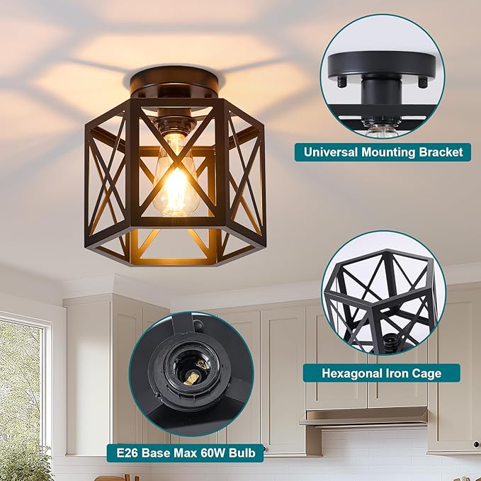 2 Pack Farmhouse Semi Flush Mount Ceiling Light, Industrial Black Hallway Light Fixture, Small Metal Cage Close to Ceiling Lights for Kitchen Sink Porch Bedroom