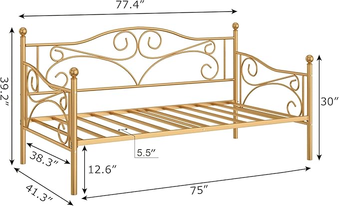 VECELO Daybed Frame, Twin Size Metal Platform Bed with Headboard,Heavy Duty Steel Slats Support for Living Room Bedroom Guest Room, Easy Assembly
