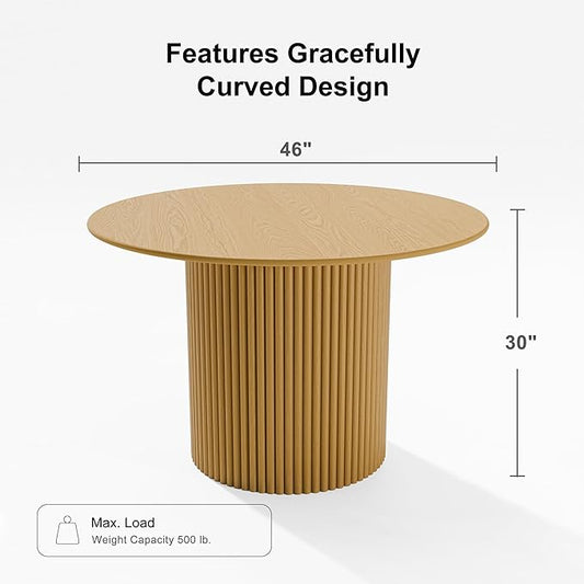 Casaphoria 46" Round Dining Table, Modern Wood Kitchen Table with Cylinder Stripe Base for Living Room & Dining Room, Easy Assembly Farmhouse Furniture for 4-6, Oak
