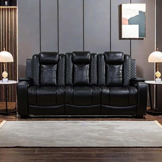 A Ainehome Power Leather Recliner Sofa Set, Recliner Sofa Sectional Couches for Living Room, Reclining Sofa, loveseat, Chair with Storage Console/Cup Holders(Black,Sofa)