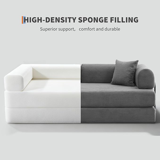IDEALHOUSE 4 in 1 Convertible Sleeper Sofa Bed Couch, 79 Inch Boneless Corduroy Floor Couch with Pillows, No Assembly, Modern Deep Seat Sofa Futon Mattress for Living Room,Apartment,Gray