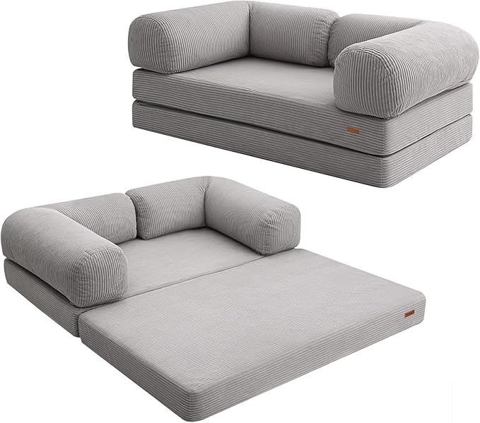 COMAX Folding Sofa Bed Queen, 4-in-1 Foldable Floor Couch Convertible Futon Sofa with Armrests Sleeper Mattress Chair Bed Comfy Portable Fold Out Lounge Guest for Living Room Bedroom, Light Grey