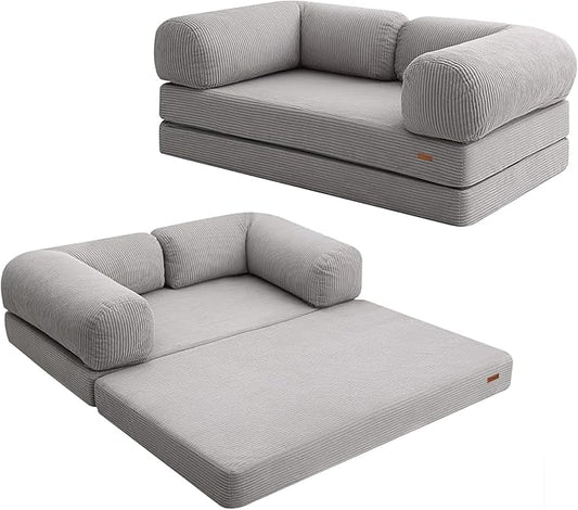 COMAX Folding Sofa Bed Queen, 4-in-1 Foldable Floor Couch Convertible Futon Sofa with Armrests Sleeper Mattress Chair Bed Comfy Portable Fold Out Lounge Guest for Living Room Bedroom, Light Grey