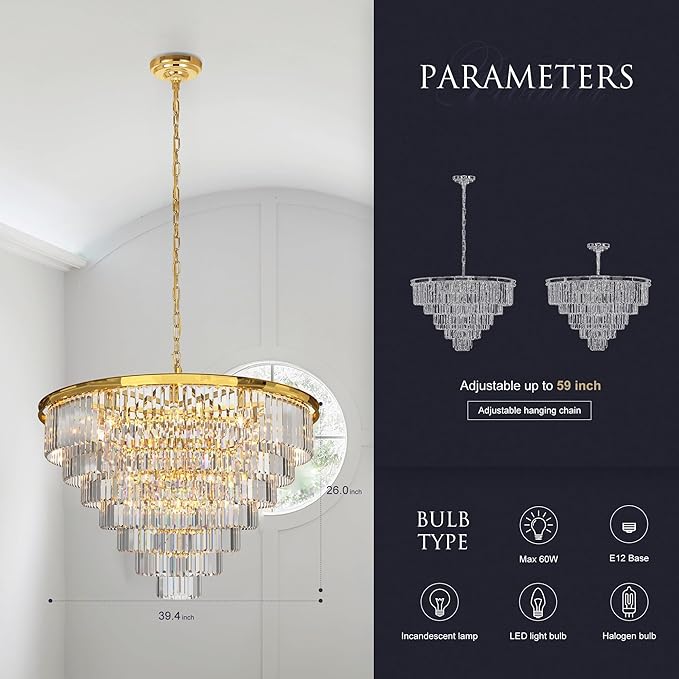 Gold Crystal Chandelier Lighting Modern Contemporary Empress Chandeliers Pendant Ceiling Lamp Light Fixture 7-Tier for Dining Living Room Hotel 24 Lights W39.4