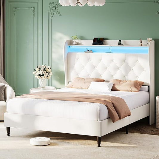 Queen Bed Frame with Tall Headboard, Velvet Upholstered Platform Bed with LED Lights & Charging Station, 52.7"-55" Adjustable/Modern Tufted Wingback Storage Headboard, No Box Spring Needed, Cream