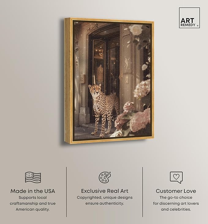 Art Remedy Cheetah at the Store Canvas Fashion Designer Wall Art, Gold Frame, 24" x 36"