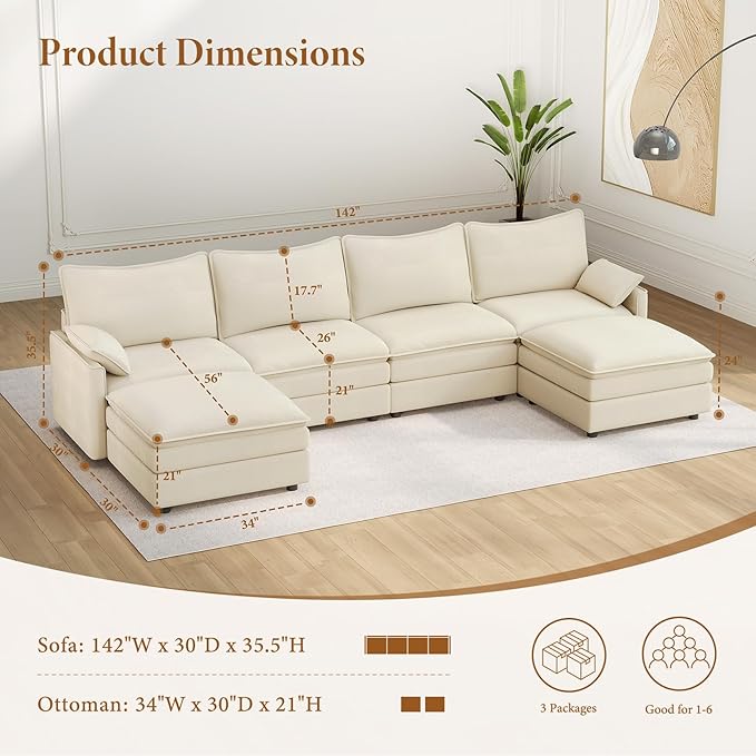Vesgantti 142" U Shaped Sectional Couch, Comfy Cloud Modular Sectional Sofa with 2 Ottoman Deep Seat Chenille Modern Cloud Sofa, Modular Sofas for Living Room, Bedroom and Apartment, Beige | Sink-in Comfort, Height Adjustable, Easy Rearrangement, Extra...