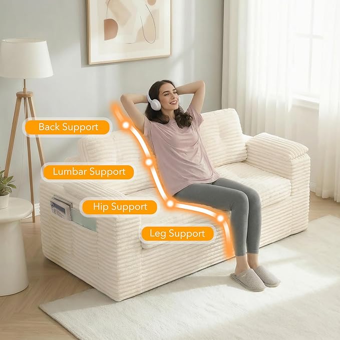 Boneless Loveseat, 2 Seater Deep Seat Loveseat Sofa with Wide‑Wale Corduroy for Small Spaces & Living Room, 60” Width, No Assembly, Washable Cover, Beige