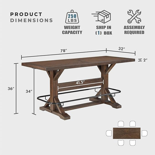 Lexicon 78 Inch Rectangular Counter Height Dining Table for 6, Rustic Farmhouse Kitchen Table, Rubberwood, Acacia Veneer, Black Metal Footrest, for Dining Room/Kitchen, Brown