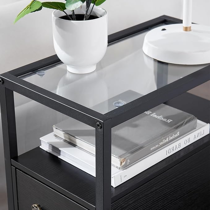 VECELO Narrow Side Table Set of 2, Night Stand Sofa Table with Glass Top,Bedside End Tables with Storage Drawers,Wood Nightstand for Small Spaces Living Room Bedroom,Black