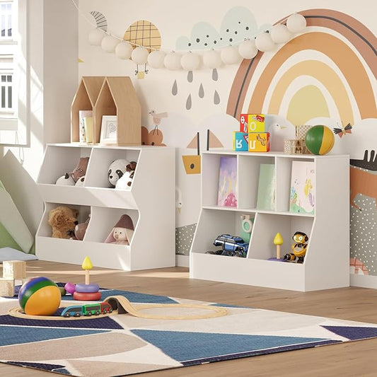 DINZI LVJ Toy Storage Organizer, Kids Bookshelf, Wood Toy Storage Cabinet, 5 Cubby Children Bookcase, 35.4" L Toddler Book Shelf for Playroom, Living Room, Nursery, Hallway, School, White