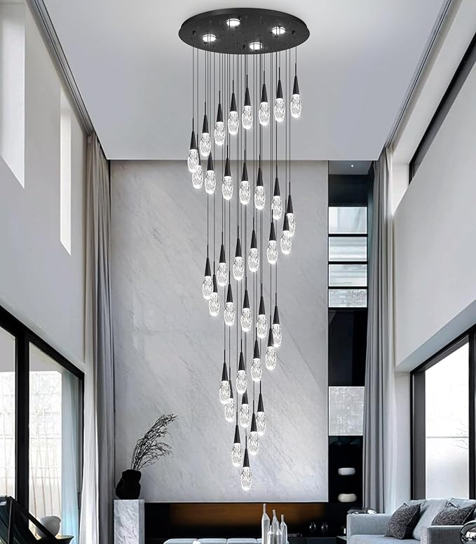 36-Lights 197 Inches Large Modern Chandelier LED Light Fixtures High Ceiling Long Light Chandelier for Entrance Foyer Dimmable Lights with Remote Living Room Ceiling Pendant Lighting Black