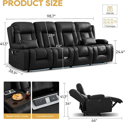 IPKIG Power Recliner Sofa with Flip-Up Backrest Console, USB & USB-C Ports, AC Outlet, LED Lights, Wall Hugger Recliners for Living Room, RV (Black, 98.7" - 4 Seat) | Faux Leather, Zero Gravity, Dual Reclining, 2 Lumabr Pillow