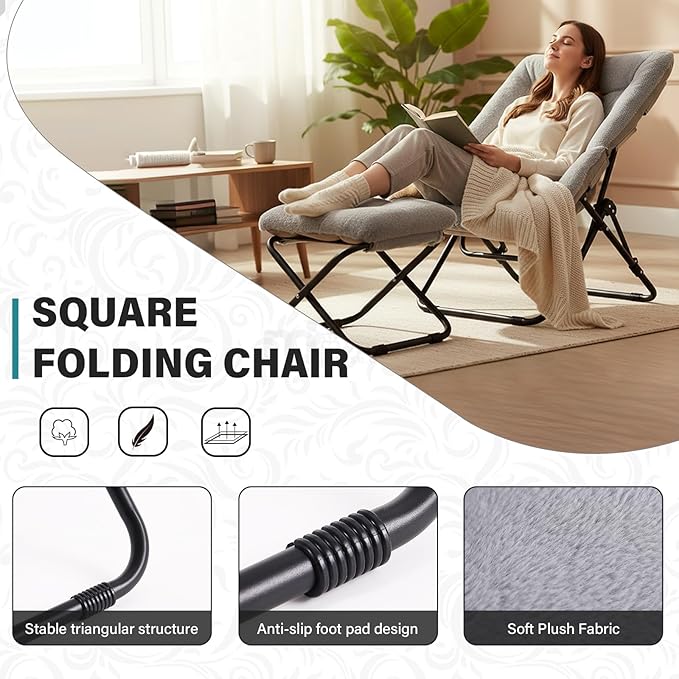 Tiita Folded Chair with Straight Ottoman, Soft Faux Fur Oversized Folding Accent Chair,Lazy Chair, Metal Frame Moon Chair for Bedroom, Living Room, Dorm Rooms, Garden and Courtyard, Grey