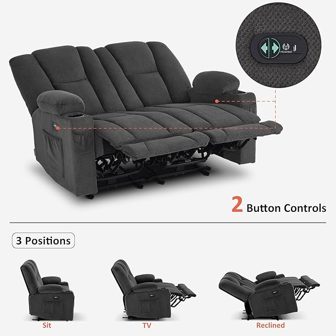 MCombo Zero Gravity Loveseat Power Reclining Sofa with Console, Heat and Vibration Massage, Recliner Couch for Living Room, Fabric 6035SET (Grey, Loveseat)