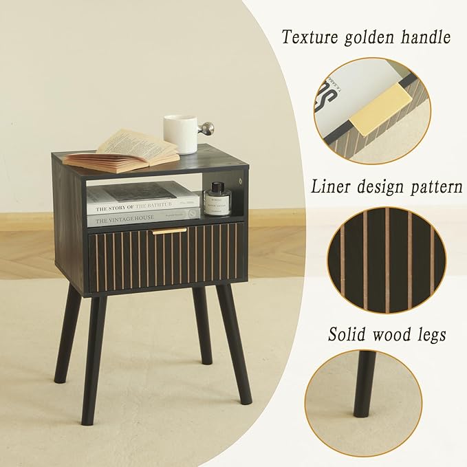 MaxSmeo Black Nightstand with Drawer, Mid Century Modern Bedside Table with Open Shelf Storage, End Table with Solid Wood Legs, Black