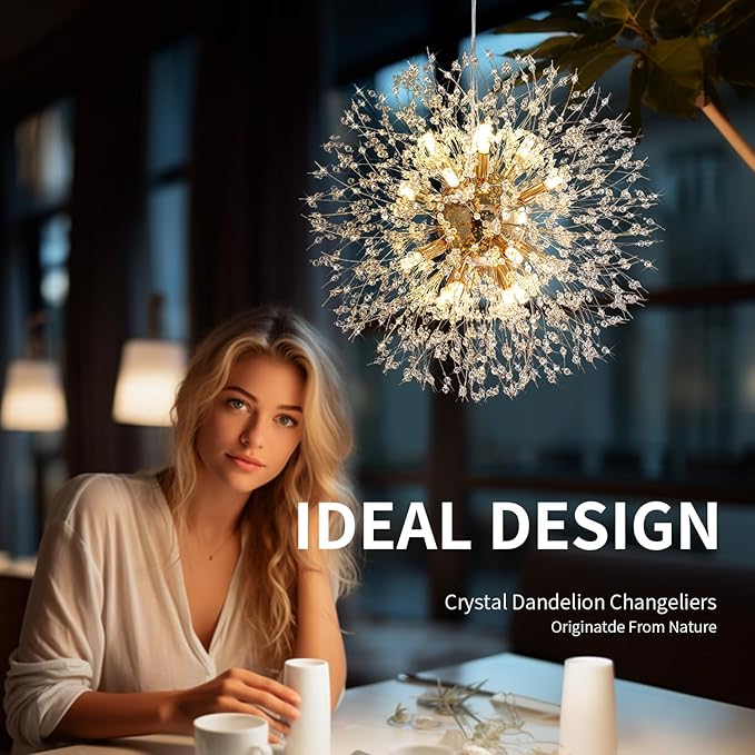 Crystal Chandelier, Firework Modern Beaded Chandeliers, Dandelion Gold Pendant Lamp, Hanging Lighting Fixture for Bedroom, Dining Room, Kitchen, Farmhouse, Hallway, Foyer, 22" Gold 12 Lights