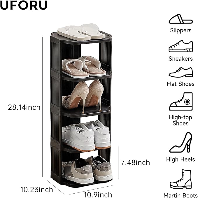 Small Shoe Rack, 5 Tier Plastic Vertical Shoe Rack for Small and Narrow Spaces, Free Standing Shoe Organizer for Closet, Entryway (Black)