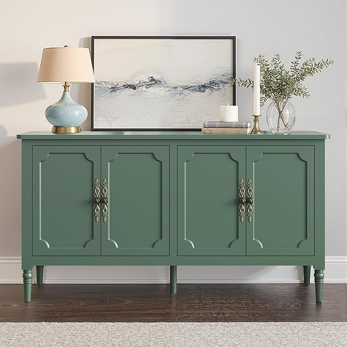 Console Table, 58'' Mid Century Modern Pantry Cabinet, Wood Buffet Sideboard, Media Credenza with 4 Doors, Accent Storage for Entryway, Living Room, Bedroom, Dining Room(Green1)