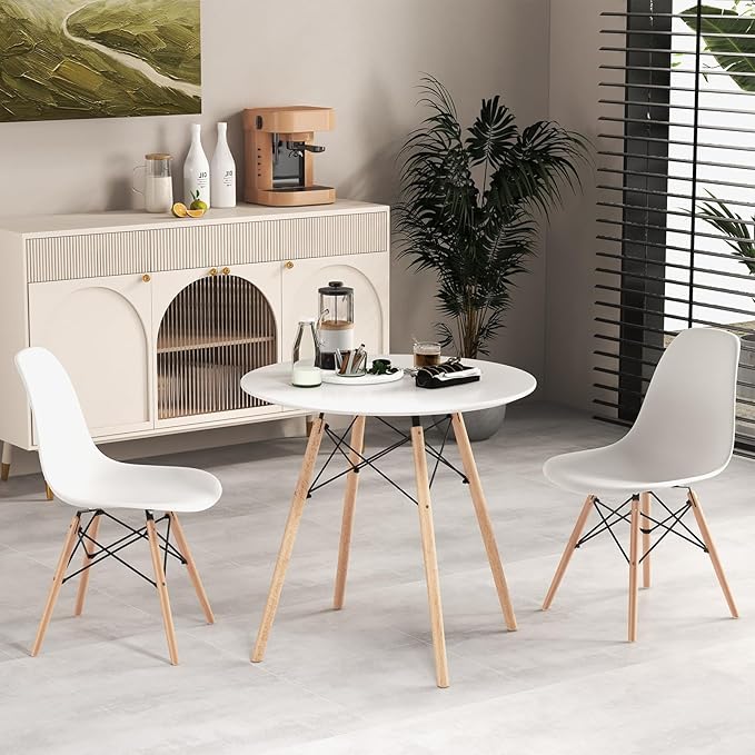 Giantex 3-Piece Dining Table Set, Modern Round 31.5" D Dining Table & 2 DSW Chairs W/Solid Wood Legs, Home Furniture Set for Small Spaces Dining Room Kitchen Restaurant, White