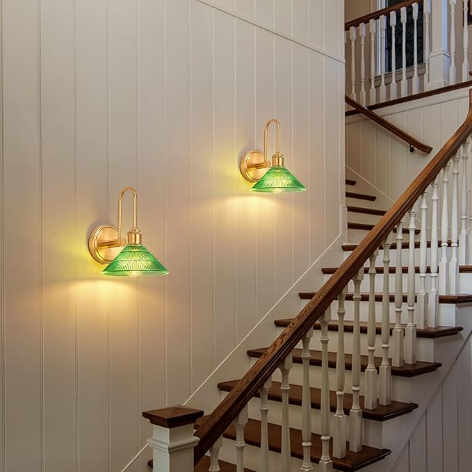 Wall Sconce Set of 2, Gold Vintage Light Fixtures with Round Green Glass Lampshade, Hardwired Sconces Wall Lighting for Bedroom, Bathroom, Living Room | Includes 2 LED Bulbs