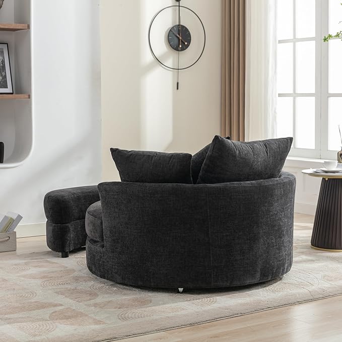 ERYE Oversized Round Accent Barrel Chair with Storage Ottoman and 360 Swivel Base, Modern Chenille Upholstered Leisure Recliner Armchair for Living Room Bedroom