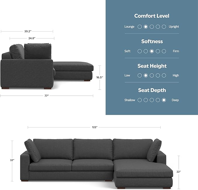 SIMPLIHOME Charlie Right-Facing Sectional Sofa in 100% Recycled Polyester Tightly Woven Performance Fabric, Pebble Grey, 122-inches Wide, Handcrafted Contemporary Style L-Shaped Couch with Chaise