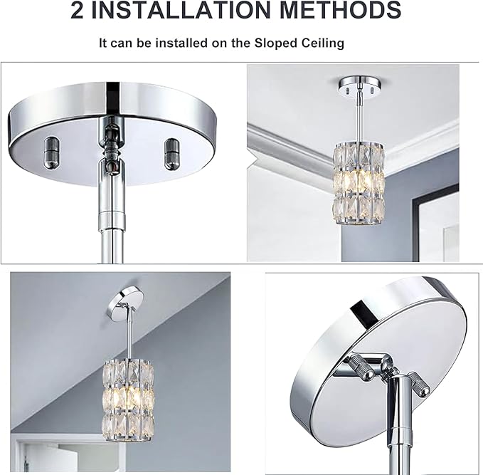 CALDION Chrome Crystal Pendant Lights Kitchen Island Modern Pendant Light Fixture, Mini Crystal Chandeliers, Adjustable Hanging Ceiling Lighting for Dining Room Bedroom (2 Pack)