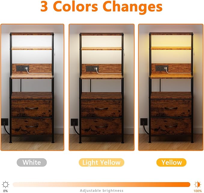 Furnulem Nightstands Set of 2, Tall Night Stand Set with Charger Station, 2 Fabric Drawers and Light Tube, Bedside End Table with 4-Tier Shelves, Bed Side Tables for Bedroom, Office, Rustic Brown