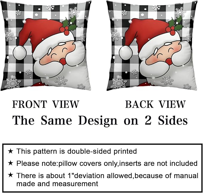 Plaid Christmas Decorations Black and White Pillow Covers 24x24 Set of 2 Santa Snowman Cushion Covers Winter Snowflakes Pillows Decorative Holiday Home Decor for Sofa Bed