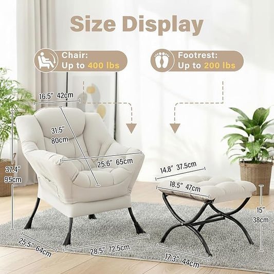 Cozy Lazy Chair and Ottoman, Large Contemporary Peach Beige Accent Chair Set, Leisure Upholstered Reading Armchair for Bedroom, Living Room, Dorm Rooms, Office, Balcony