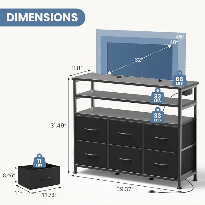 DUMOS TV Stand for Up to 45 inch TV, Wood Top TV Media Console Table with 6 Fabric Drawers, 2 Shelves, Entertainment Center with LED Lights & Charging Station for Living Room, Hallway, Black