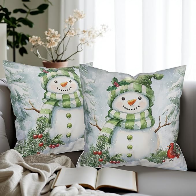 Set of 2 Winter Pillow Covers 16x16 Green Snowman Pine Tree Holly Berry Cardinal Bird Throw Pillow Covers Holiday Pillow Case for Home Decor Couch Sofa