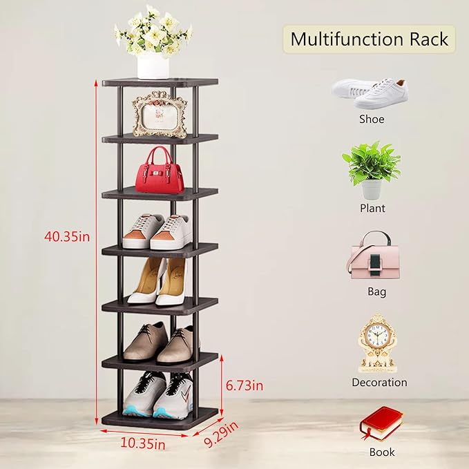 SORCEDAS 7 Tiers Vertical Shoe Rack Wooden Shoe Storage Organizer for Space Saving Narrow Shoe Shelf Storage 7 Pairs for Entryway Living Room Bedroom(Black + Rustic Dark Brown)
