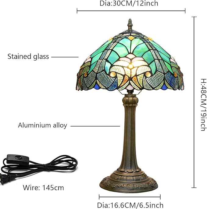 Tiffany Lamp Green Liaison Style Stained Glass Table Lamp W12H18 Inch Antique Table Lamp Metal Base Desk Reading Light for Living Room Bedroom Bar Art Craft