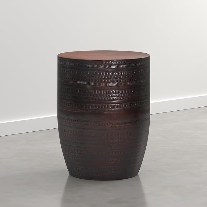 SIMPLIHOME Johnsen Tribal Accent Table – 15 inch Wide Round Metal Drum Side Table in Dark Bronze, Rustic Boho Accent Table for Living Room with Embossed Tribal Pattern, Assembled