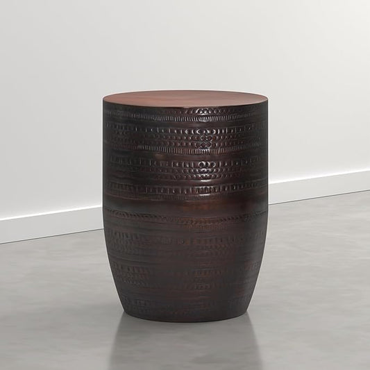 SIMPLIHOME Johnsen Tribal Accent Table – 15 inch Wide Round Metal Drum Side Table in Dark Bronze, Rustic Boho Accent Table for Living Room with Embossed Tribal Pattern, Assembled