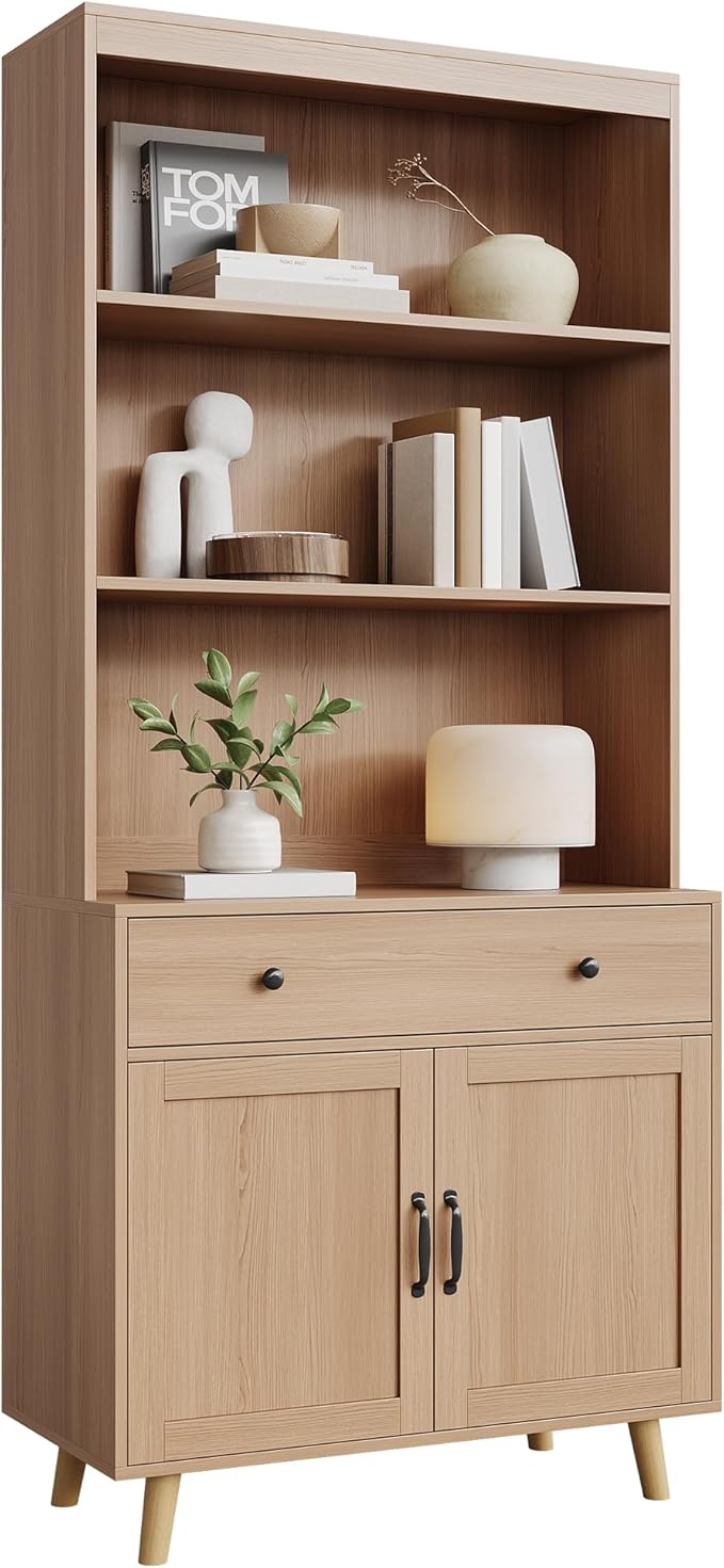 GarveeHome Tall Bookshelf with Storage Cabinet, 72.4" Wood Bookcase with Doors, Drawer & Open Shelves, Freestanding Display Bookshelves for Home Office, Living Room, Bedroom, Kitchen