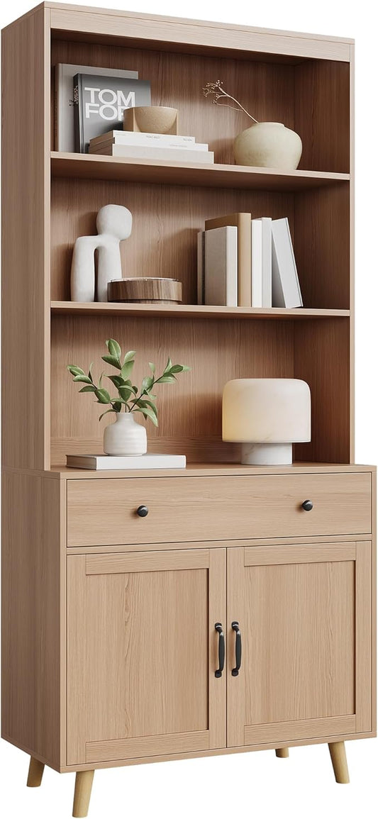 GarveeHome Tall Bookshelf with Storage Cabinet, 72.4" Wood Bookcase with Doors, Drawer & Open Shelves, Freestanding Display Bookshelves for Home Office, Living Room, Bedroom, Kitchen