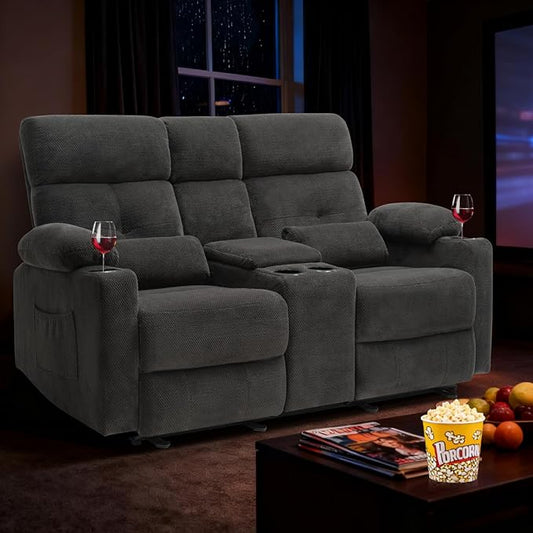 68'' RV Power Reclining Loveseat with Heat and Massage| RV Loveseat Recliner Sofa with Console| Double Reclining Couch with Cup Holder | Loveseat ReclinerTheater Seating(Fabric,Gray) | Double Seat, Electric Recliner