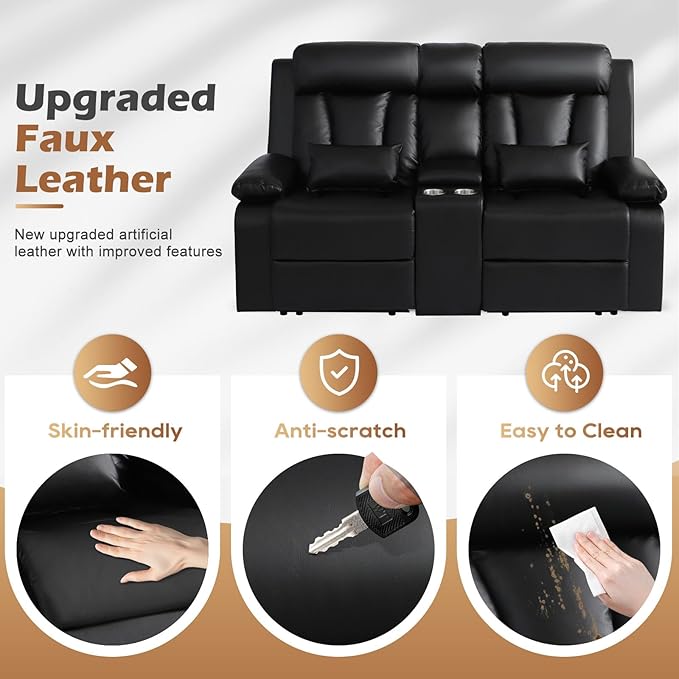 Power Reclining Loveseat with Console, Power Loveseat Recliner Sofa with Lumbar Pillow, USB,Type-c Ports, Eelctric Reclining Couch with Cup Holders for Living Room(Black, Loveseat)