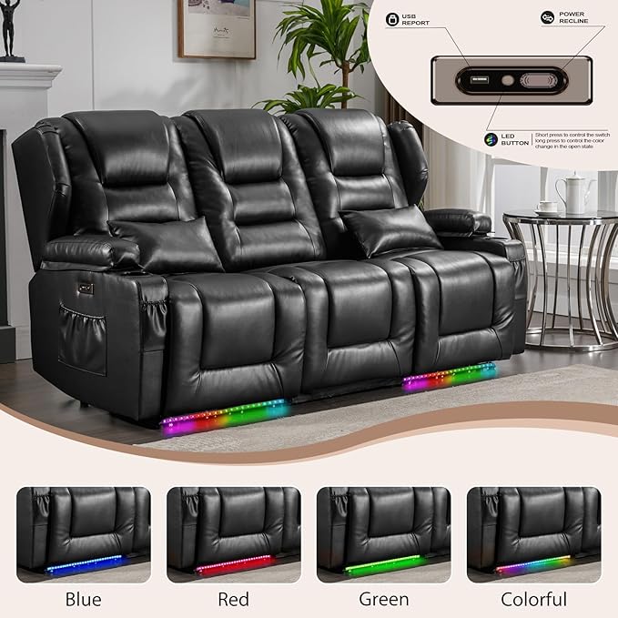 Oprisen 3-Seater Power Recliner Sofa Couch Flip Middle Backrest Reclining Sofa Chair for Living Room with Charging Station/Cup Holders/LED Ambient Light