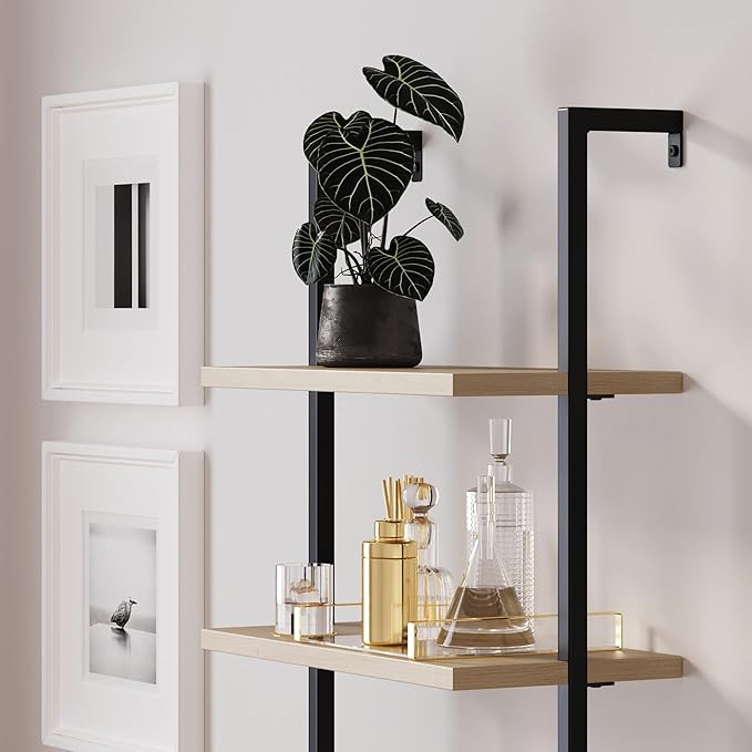 Nathan James Theo Industrial Open Shelf Bookcase with Accent Rattan Drawers Light Oak Wood, Matte Black Frame, Set of 4