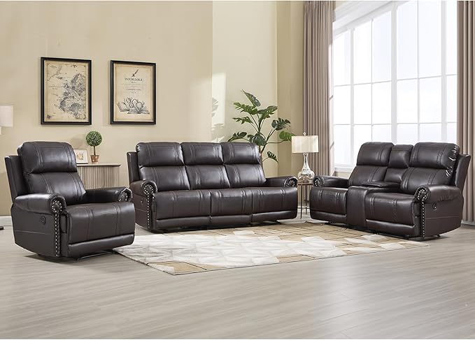 EBELLO Faux Leather Electric Reclining Sofa Set, Power Recliner Six Seats Sofa Set, a Chair, Loveseat and 3-Seat Sofa with Charging Ports, Vintage Rivet Design for Living Room, Meeting Room, Brown