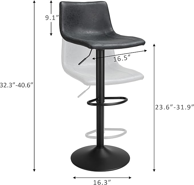 Finnhomy Bar Stools Set of 2 Counter Height, Swivel Barstools with Footrest and L Shape Back, Height Adjustable Modern Bar Chairs, Vintage Leather, Retro Black