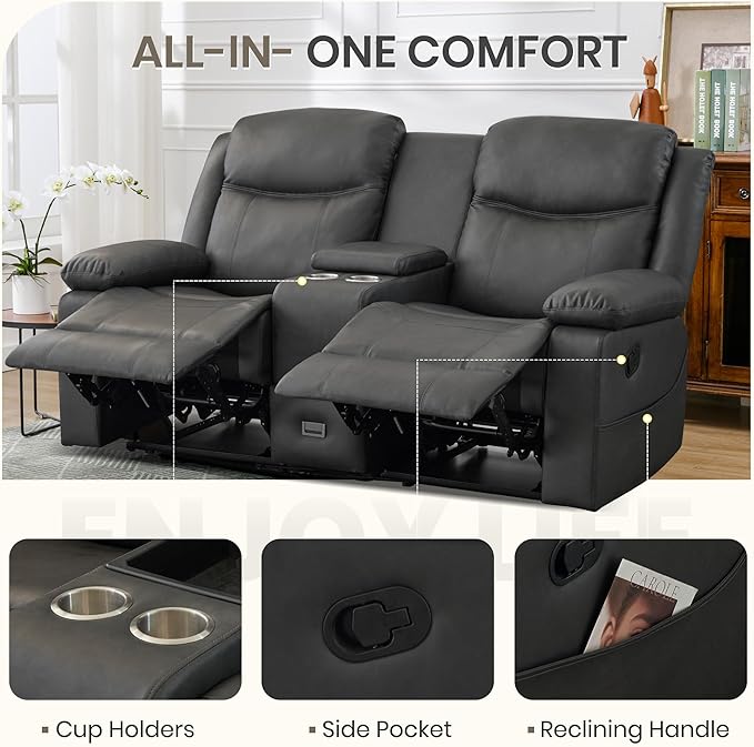 Manual Reclining Loveseat with Massage and Heat, Double Recliner Sofa with Center Console, Cup Holders & Storage for Living Room, RV (Grey)